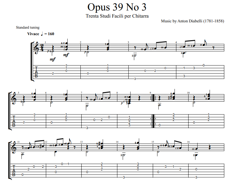 Anton Diabelli - Opus 39 No 3 sheet music for guitar tab